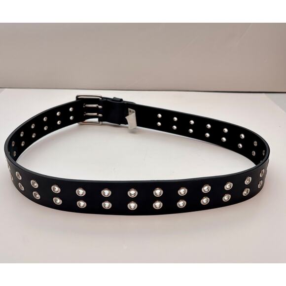 Black Leather Punk Grommet Unisex Belt Double Prong Buckle Y2K Emo Grunge Size M - Picture 4 of 7